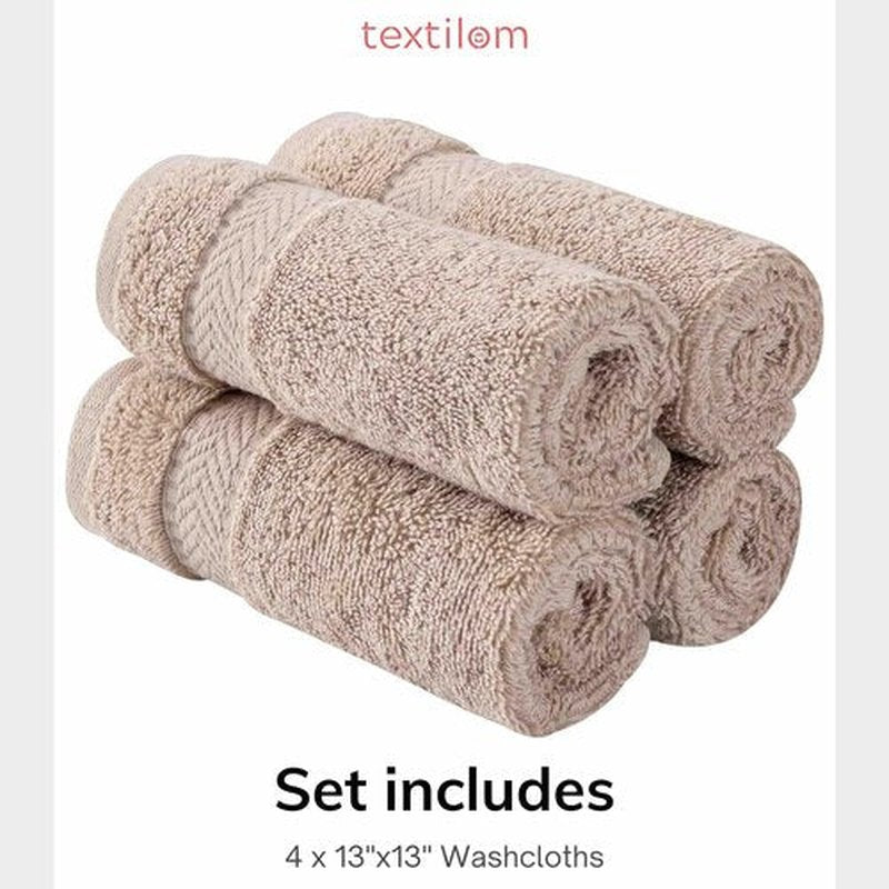 TEXTILOM Washcloths for Body and Face – Hotel and Spa Quality & Soft & Absorbent & Quick Dry Wash Cloths for Your Body – 100% Turkish Cotton Wash Clothes Towel Set of 4 (13 x 13 inches) - Beige