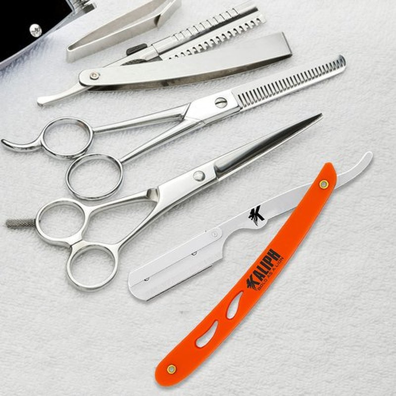 Kaliph Professional Barber Straight Razor For Men - Premium Pack of 2Pcs Shavette Straight Razor With 100 Shaving Blades - Salon Quality Men's Manual Cut Throat Razor For Close Shaving (Black & Orange