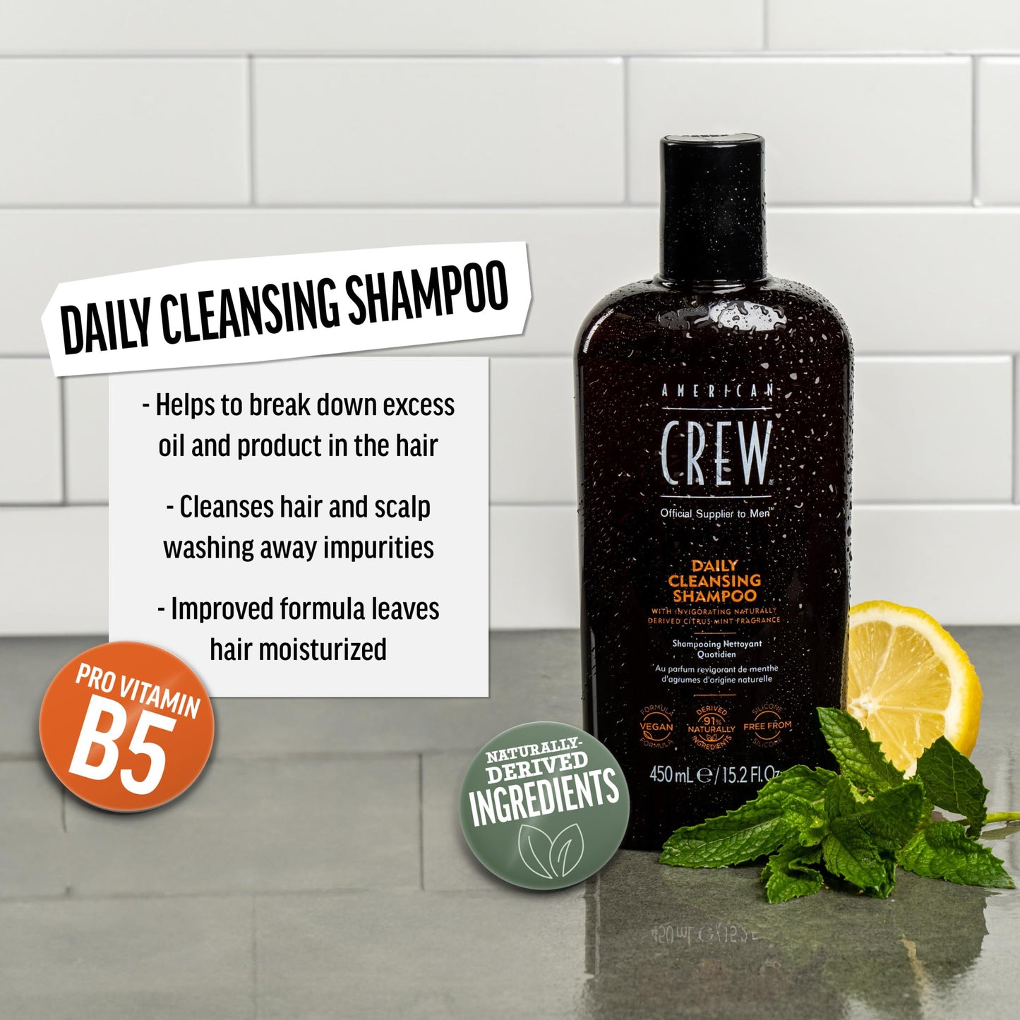 American Crew Shampoo for Men, Daily Cleanser, Naturally Derived, Vegan Formula, Citrus Mint Fragrance, 33.8 Fl Oz