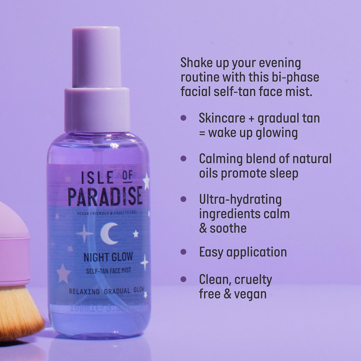 Isle of Paradise Night Glow Self Tan Face Mist - Jasmine, Argan Oil, and Hyaluronic Acid Infused Facial Spray for Soothing Gradual Glow, Vegan and Cruelty Free, 3.38 Fl Oz