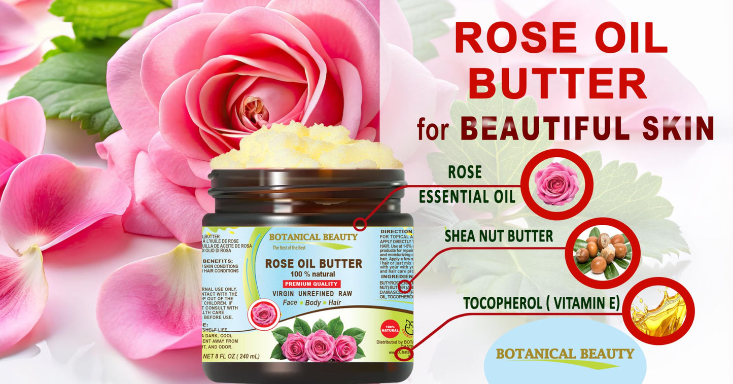 Botanical Beauty ROSE OIL BUTTER 100% Natural Rose Essential Oil in Shea Nut Butter for FACE SKIN BODY HAIR NAILS Beauty Skin Moisturizer Oil Butter Skin Nourishing (16 Fl Oz 480 ml)