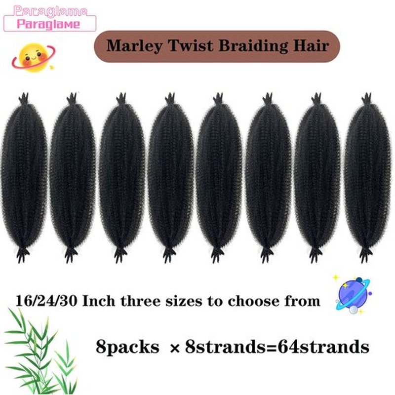 Marley Hair 24 Inch Springy Afro Twist Hair 8 Packs Afro Kinky Braiding Hair, Wrapping Hair for Soft Locs Synthetic Crochet Braids Hair Extension Natural Black for Black Women(24Inch,1B)