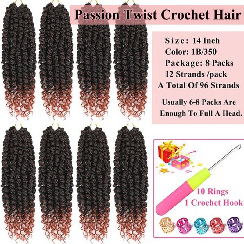 Alrence Passion Twist Crochet Hair 8 Packs Pre twisted Passion Twist Hair For Women Soft Bohe Pre-looped Crochet Braids (14 Inch (Pack of 8), 1B/350)