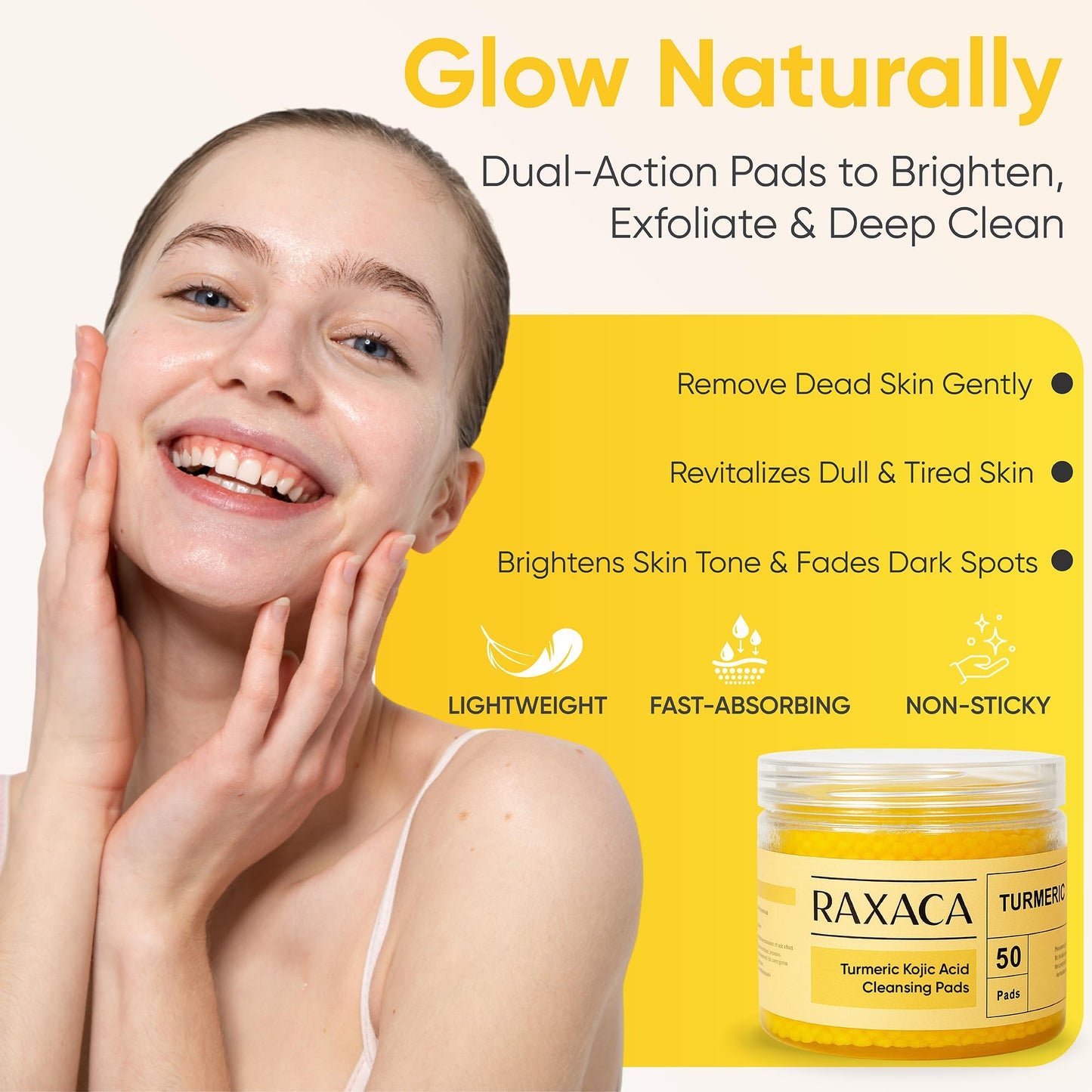 RAXAC Kojic Acid & Turmeric Facial Cleansing Pads, 50 Count, Vitamin C, Gentle Exfoliating Cotton Pads for Brighter & Refreshed Looking Skin, Daily Facial Cleansing Pads
