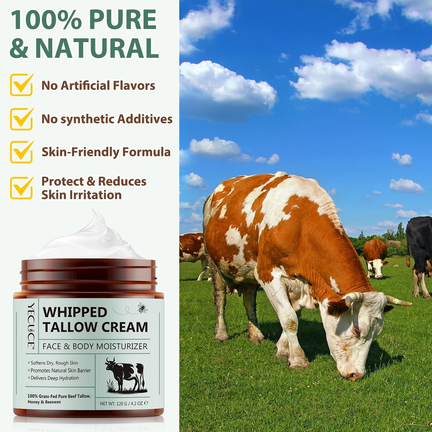flasture Beef Tallow for Skin, Tallow and Honey Balm (4.2 oz) - Tallow Face Moisturizer, Deeply Moisturizing Grass-Fed Tallow Face Moisturizer for Body - All-Natural Hydration for Soft, Supple Skin