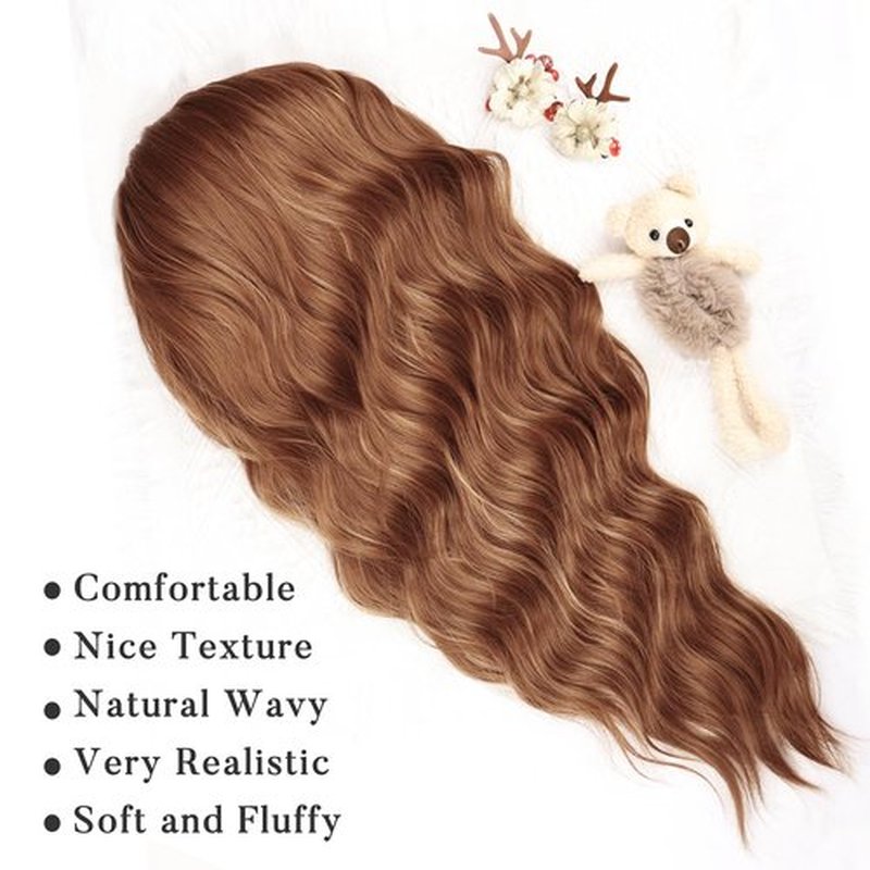 NAYOO Brown Wigs with Bangs for Women Long Curly Wavy Hair Wigs Heat Resistant Synthetic Fiber Wigs for Daily Party Use 26 Inches (Light Brown)