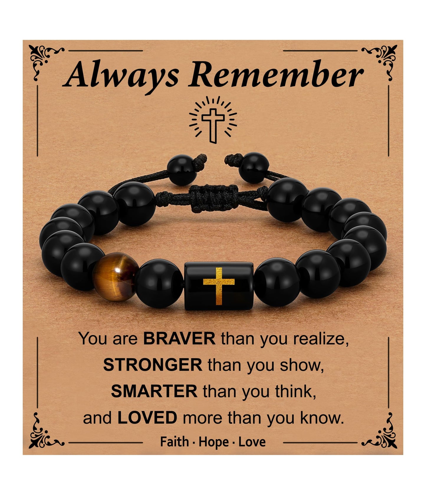 Miss Chipmunk Cross Bracelets for Men Cross Handmade Natural Black Onyx Tiger Eye Stone Beads Bracelet Christian Christmas Easter Birthday Gifts for Him