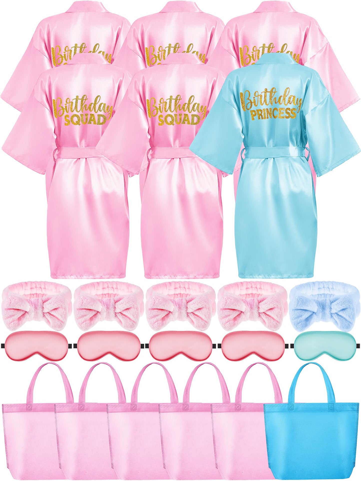 Sintuff Girls Spa Party Supplies 24 Pcs-6 Robes, 6 Headbands, 6 Eye Masks & 6 Tote Bags for Sleepover Slumber Birthday Party(Size 12,Sky Blue)