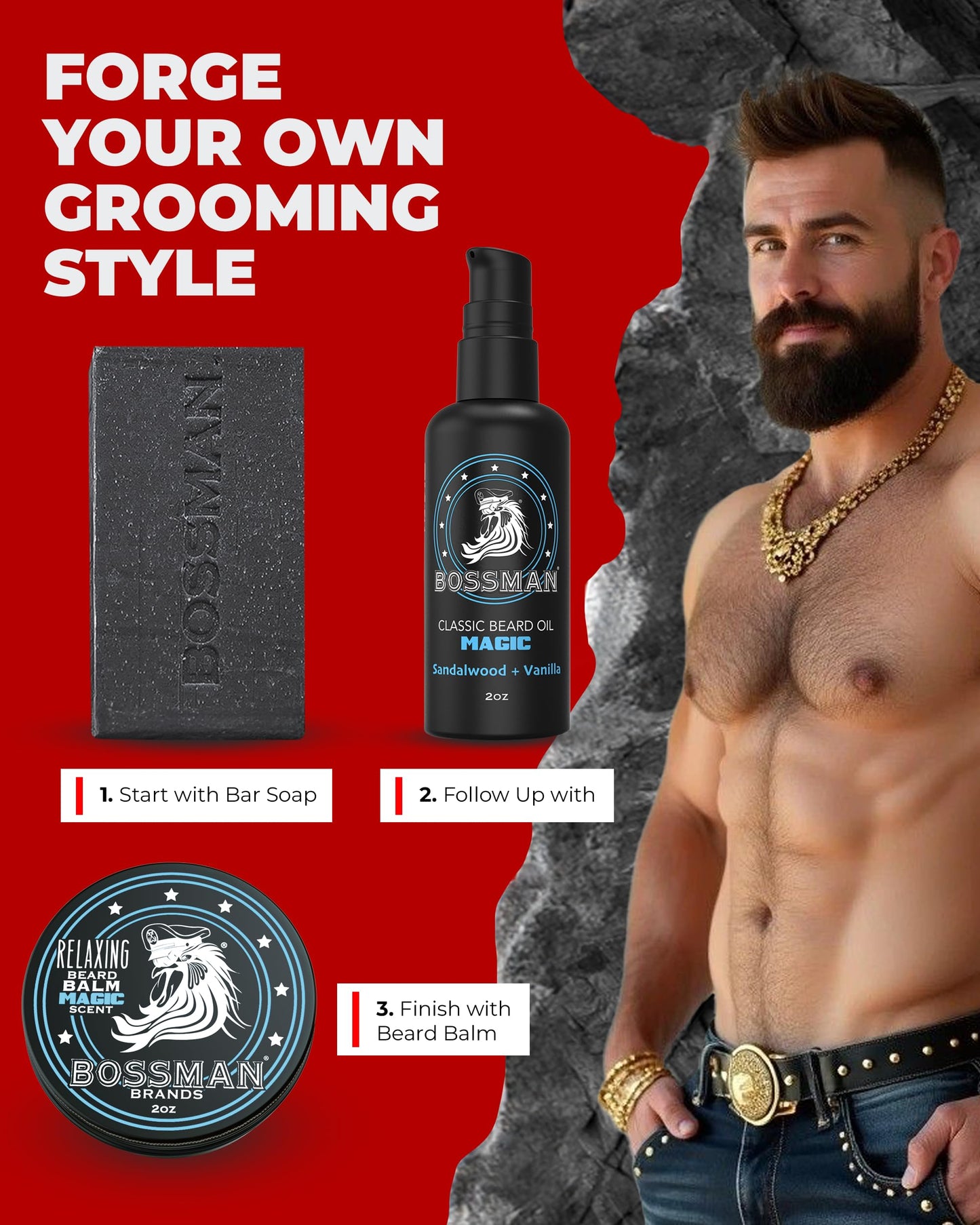 Bossman Starter Beard Kit for Men, Beard Oil (2 oz), Beard Balm & Bar Soap – Natural & Organic Grooming Kit – Made in the USA Men Gift Set (Magic Scent)