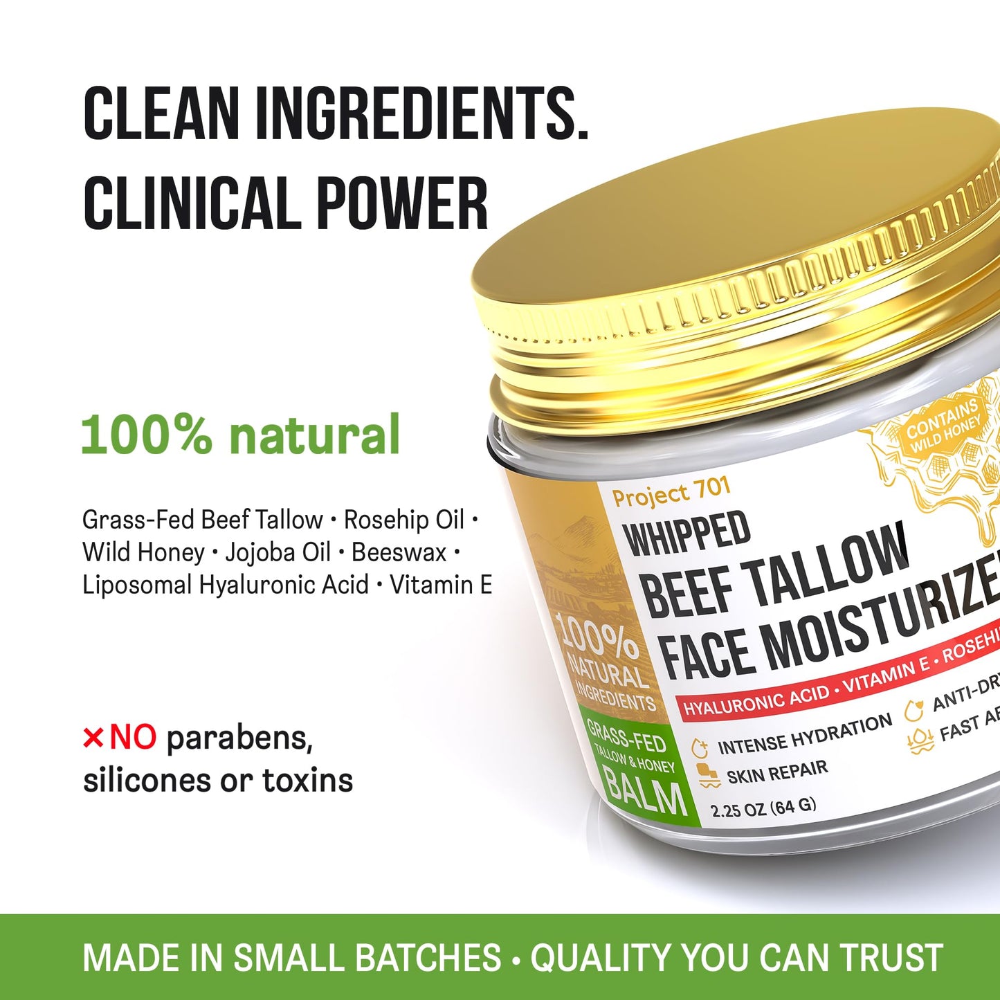 Beef Tallow for Skin and Face - Grass Fed Tallow and Honey Balm, All Natural Skin Care Moisturizer with Hyaluronic Acid - Day & Night Beef Tallow Face Cream for Dry, Sensitive Skin, Glass Jar 2.25 oz