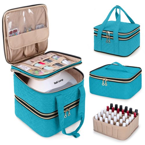 Yarwo Nail Polish Organizer Case Holds 72 Bottles (15ml/0.5 fl.oz), Detachable 3 Layers Nail Polish Storage Bag with Removable dividers for Nail Lamp and Nail Art Manicure Tools, Teal (Bag Only)