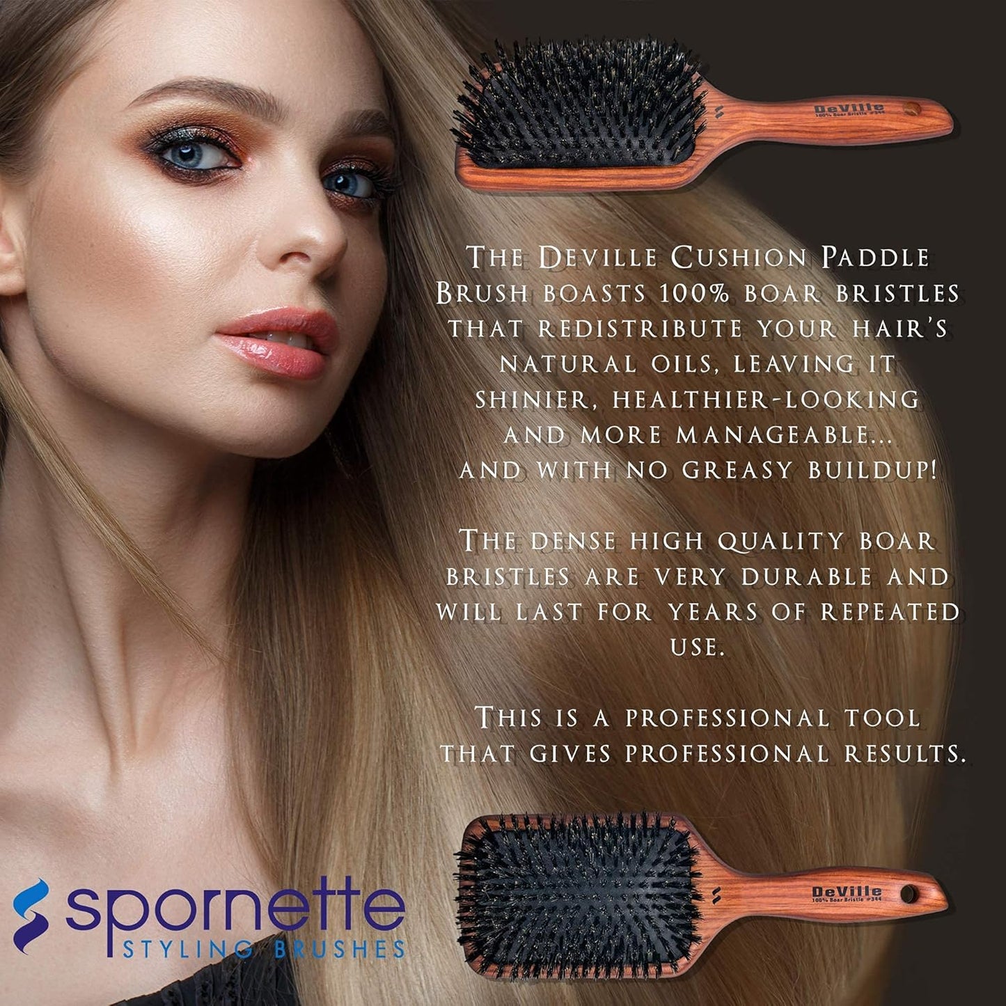 Spornette Deville Boar Bristle Paddle Brush - Wooden Handle for Smoothing & Detangling All Hair Types