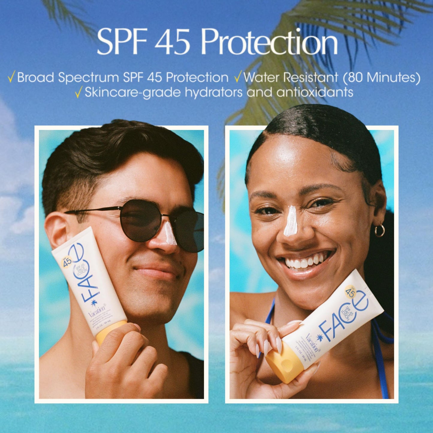 Vacation Classic Face Sunscreen Lotion SPF 45, 3 Fluid Ounces - Sunscreen for Face, Lightweight, Daily Use, Transparent on All Skin Tones, Water-Resistant, Dermatologist-Tested, Vegan