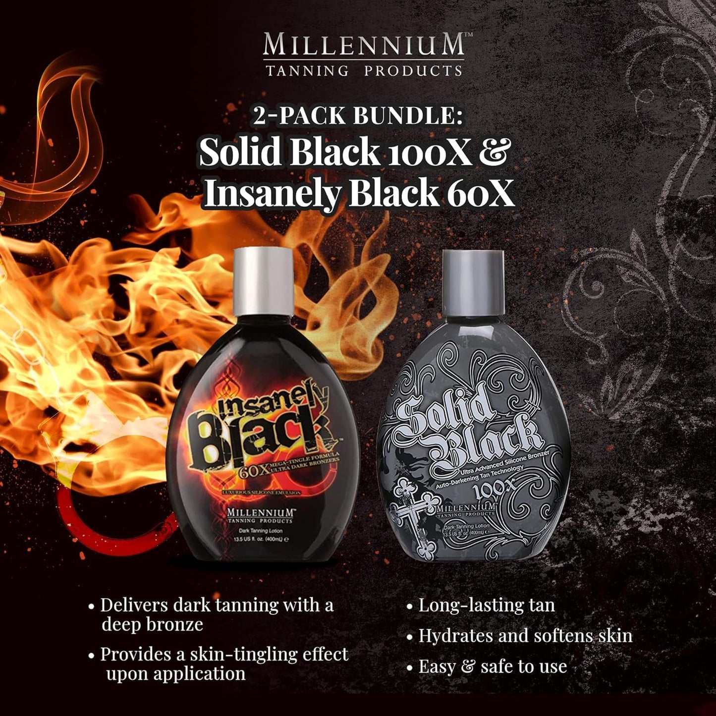 LOT OF(2) Millennium Tanning Products SOLID BLACK & INSANELY BLACK 13.5 oz