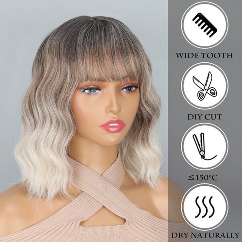 LINGHANG Ombre Blonde Wigs for Women Short Wavy Wig with Bangs Ash Blonde Bob Wig with Dark Roots Medium Length Natural Synthetic Hair for Daily Party,Cosplay