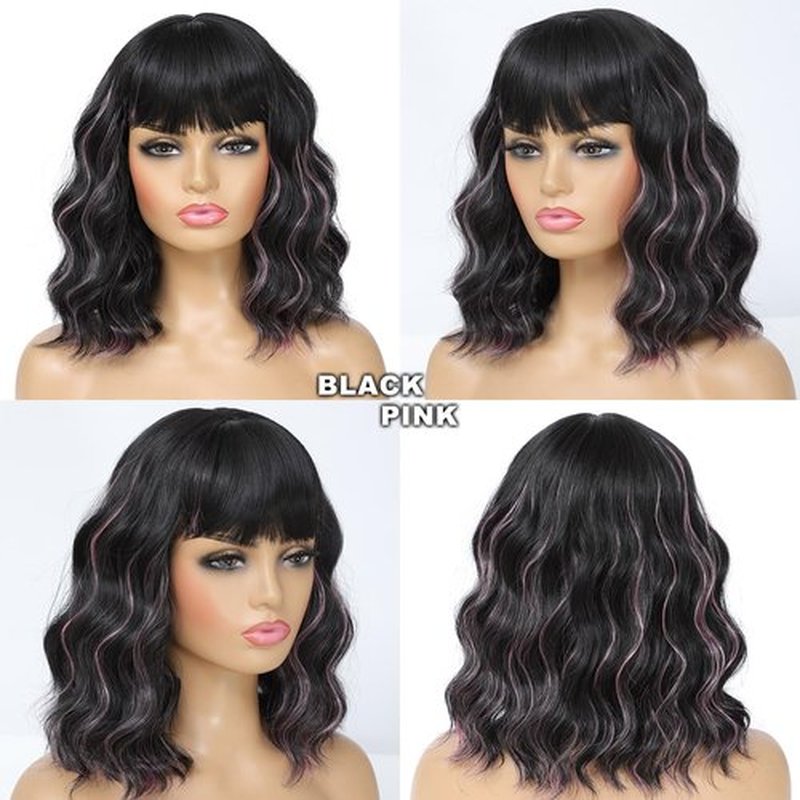 Amarlis Black Mix Pink Wigs for Women, 14 Inch Wavy Bob Wig with Bangs, Natural Looking Soft Heat Resistant Synthetic Fiber Wig for Daily Party Use