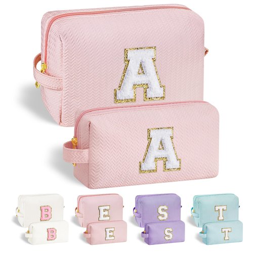 YOOLIFE Birthday Gifts for Girls Teen Girls, Travel Cute Makeup Bag Make Up Bag Cosmetic Bags for Women Preppy Makeup Bag, Stocking Stuffers for Girls Women Teen Girlfriend Mom Sister Pink Initial A