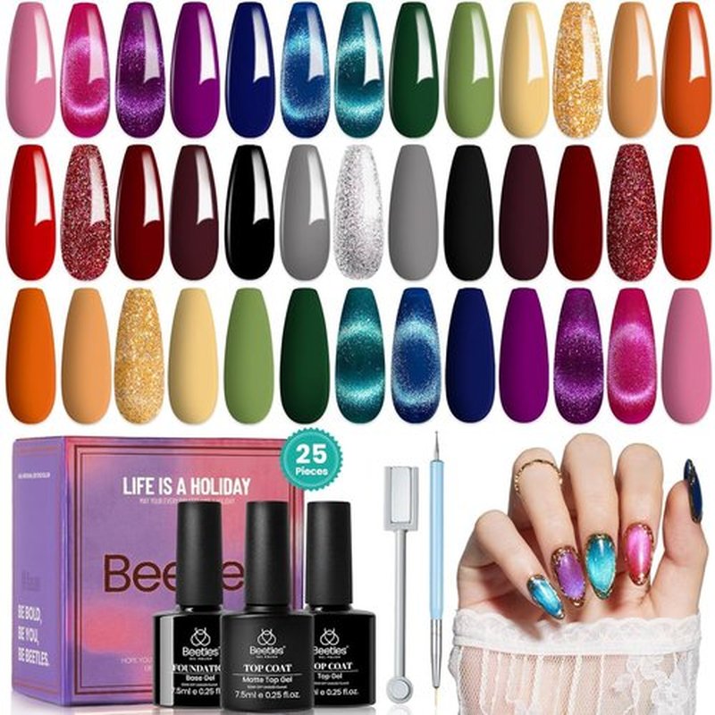 Beetles Cat Eye Gel Nail Polish Set, 20 Colors Magnetic Gel Polish Red Purple Blue Color Winter Gel Polish Set with Double-ended Pen and Magnet Gel, Base & Top Coat, Manicured Soak Off UV for Women