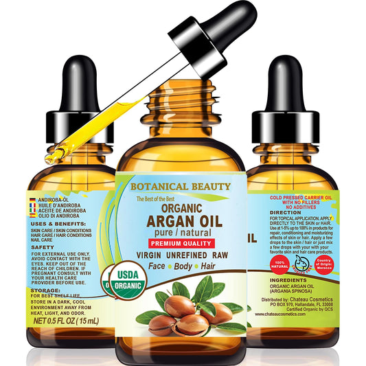 Botanical Beauty Organic ARGAN OIL 100% Pure Natural VIRGIN UNREFINED Cold-Pressed Carrier Oil for Face, Skin, Body, Hair, Lip, Nails. Rich in Vitamin E (0.5 Fl Oz)