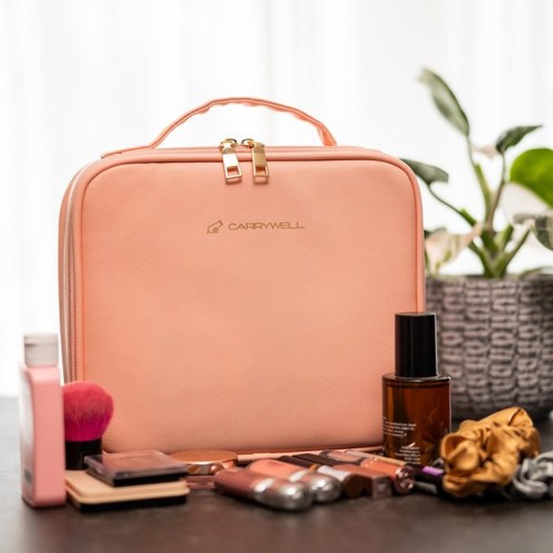 (Not Made In China) Travel Makeup Train Case, Make Up Box, Cosmetic Storage Organizer For Professional Beauty Artist W/Adjustable Dividers For Jewelry, Nail Polish and Brushes (Pink, Small)