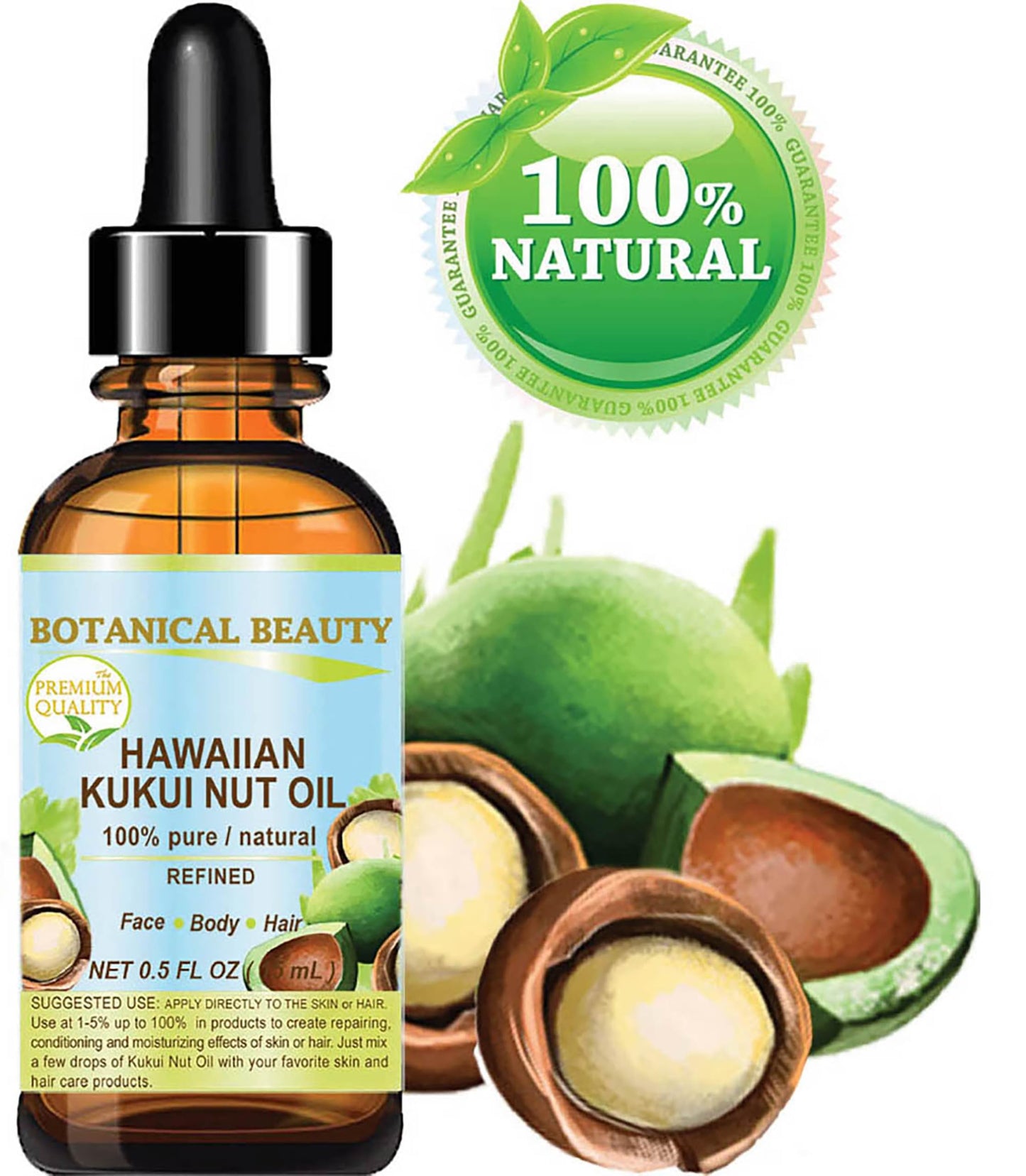 Botanical Beauty KUKUI NUT OIL 100% Pure Natural Virgin Unrefined Cold-Pressed Carrier Oil 0.5 Fl Oz 15 ml for Face, Skin, Body, Hair, Lip, Nails. Rich in Vitamin E