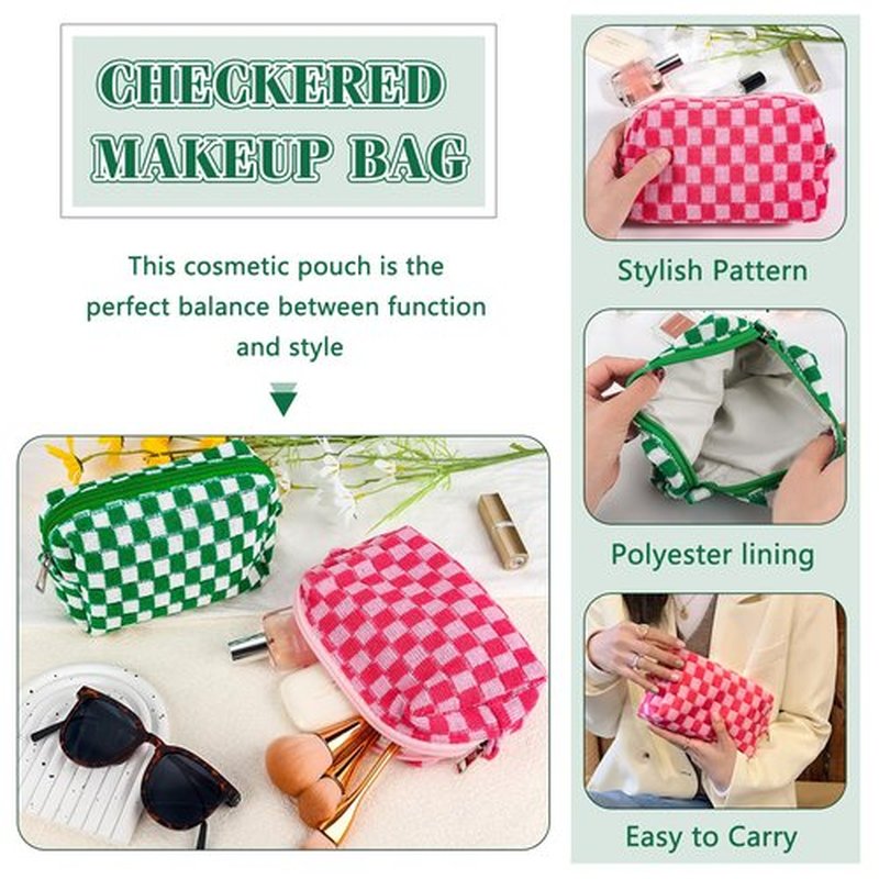 ZLFSRQ 2Pcs Checkered Makeup Bag for Women Medium Travel Cosmetic Bag Makeup Pouch for Purse Zipper Toiletry Bag Organizer Cute Y2K Aesthetic Trendy Adults Makeup Brushes Storage Case(Pink/Green)