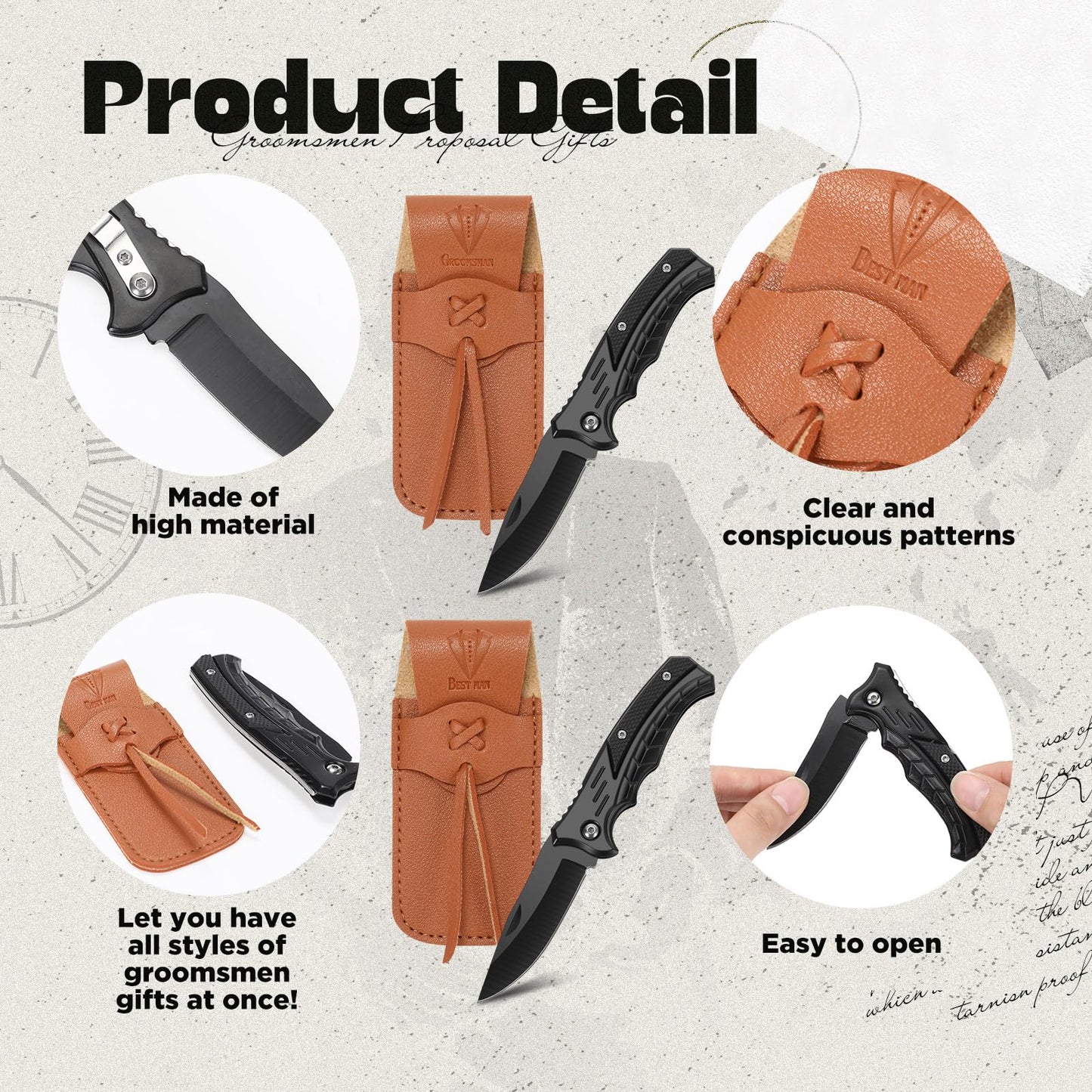 Abbylike 6 Set Groomsmen Gifts Personalized Groomsmen Knife with Leather Sheaths Mini Folding Knives Proposal Gifts for Wedding Party Favors(Classic,Black)