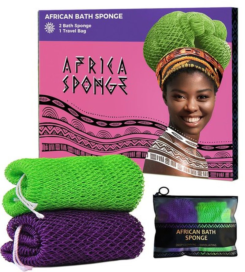 Loofah Sponge African Net Authentic - 2 Pieces Real African Exfoliating Sponge with Knots - African Net Wash Cloths for Body Scrubber Exfoliator Purple & Green - Back Scrub for Shower Bath Accessories