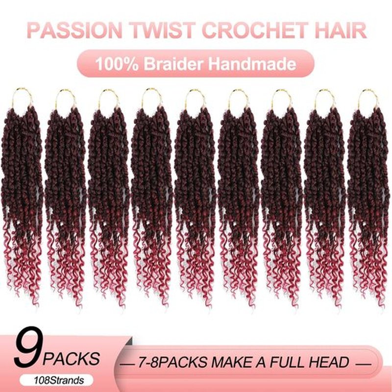 BEFUNNY 8 Inch 9 Packs Passion Twist Crochet Hair,Burgundy passion twist hair Pretwisted,Soft Pre Twisted and Looped Crochet Hair For Women Short Curly Crochet Braids(8",T1B/Burgundy#)