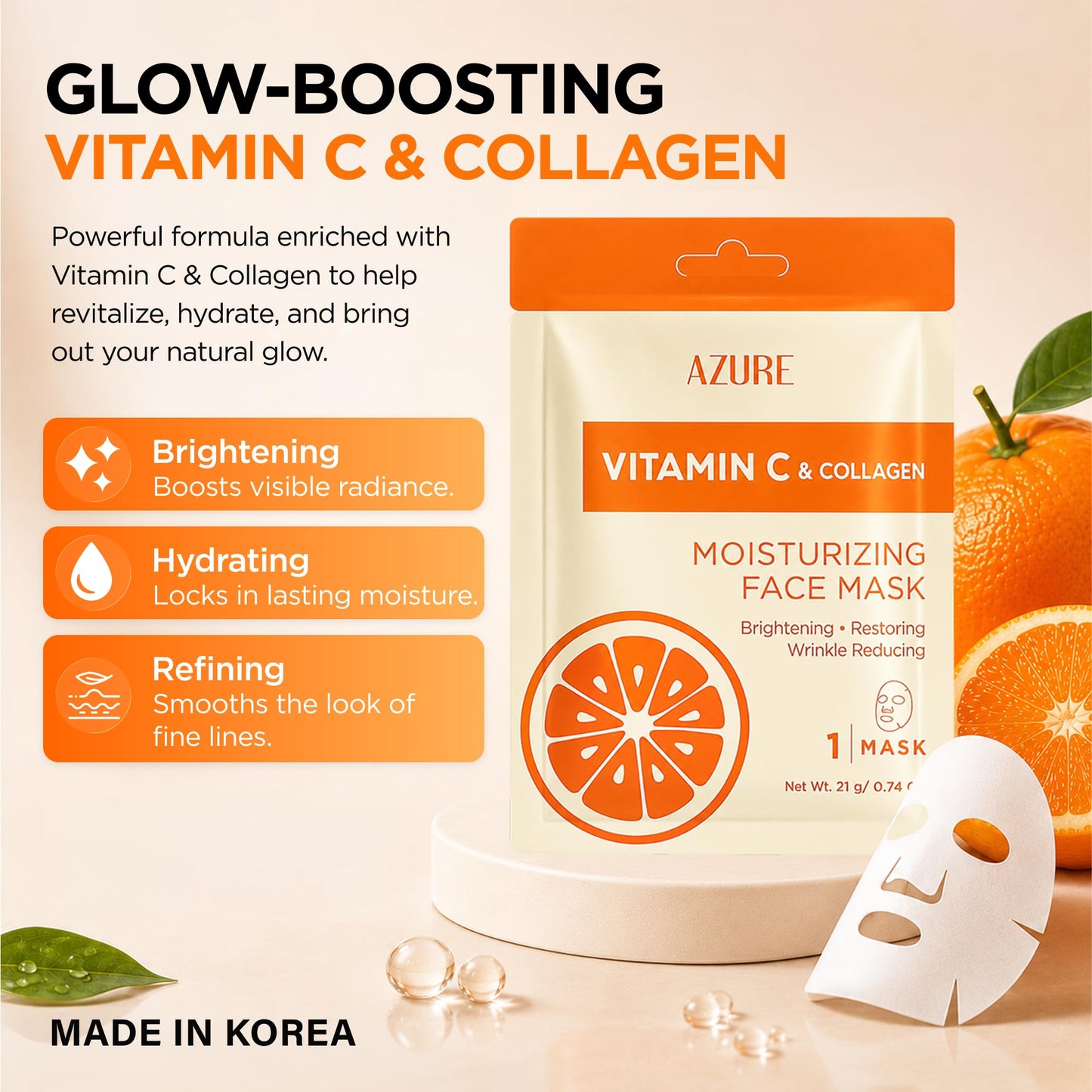Vitamin C & Collagen Korean Sheet Masks, Dermatologist Tested - 5 Pack