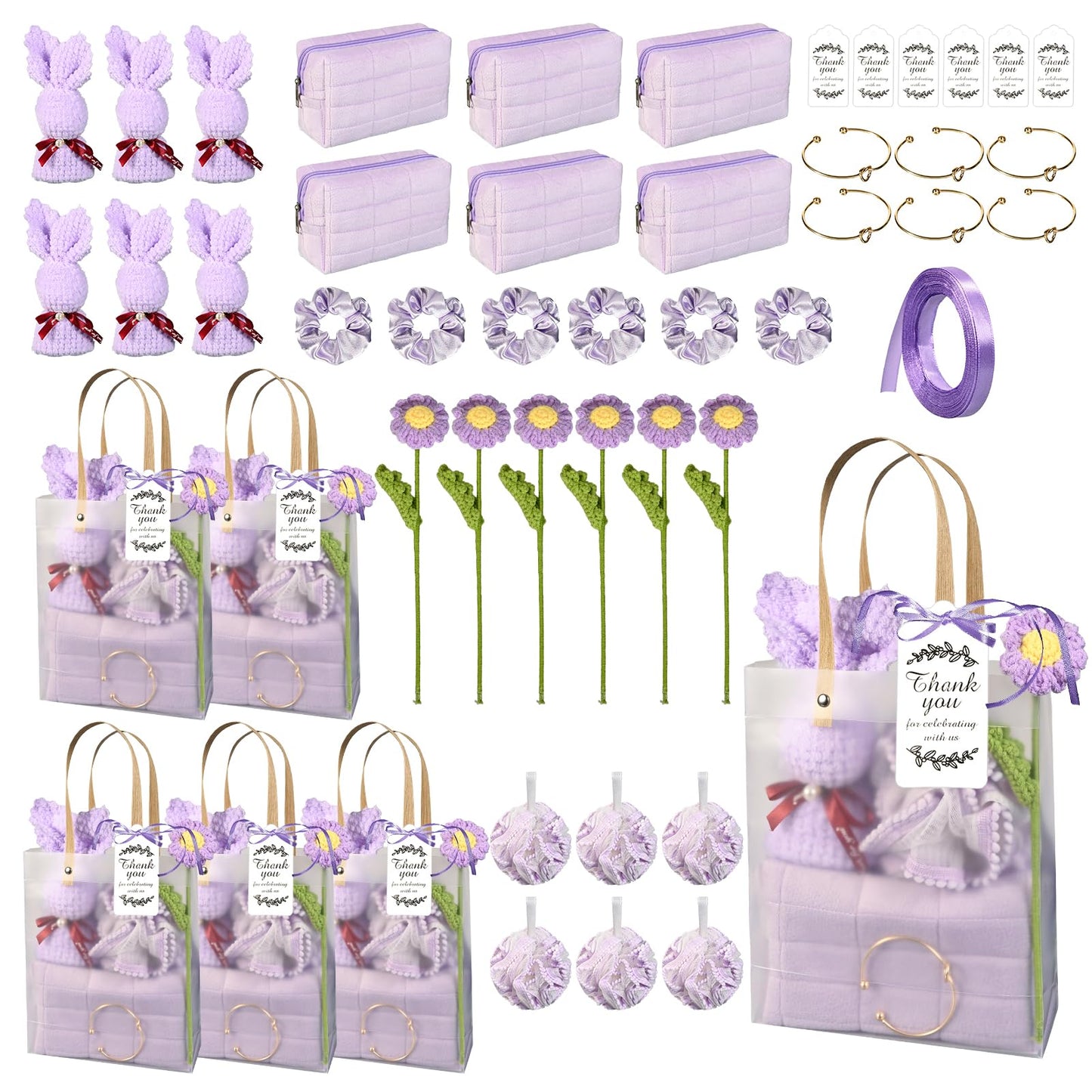 Yuzhrao 6 Sets Baby Shower Prizes for Winners Baby Shower Favors Gift Set including Towels Makeup Bags Bracelets Crocheted Daisies Headbands party favors for Guests and Games