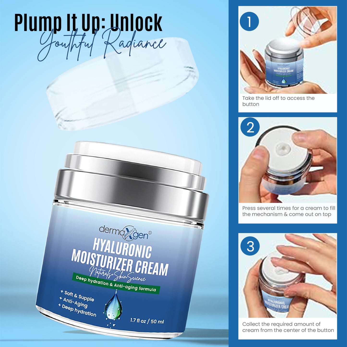 Dermaxgen Hyaluronic Acid Moisturizer - Hydrating Moisturizer Face Cream to Reduce Pigmentation & Improve Skin Elasticity - Anti Aging Cream for Day and Night Use - Suitable for All Skin Types - 50 ml