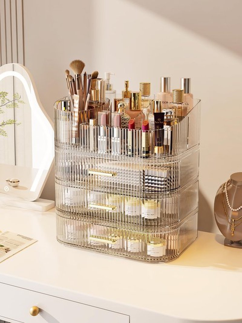 MIUOPUR Makeup Organizer with Rotating Makeup Brush Holder, Stackable Drawers for Bathroom Organizers and Storage, Make up Organizers for Vanity, Great for Cosmetics, skincare, Lipsticks -Clear