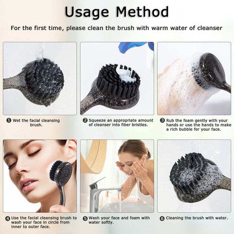 3 Pcs Large Handheld Face Scrubber, Beomeen Facial Cleansing Brush Charcoal Black Bristles Face Exfoliator Cleaner Soft Brush with Lid for Gentle Deep Cleansing and Exfoliating (Black-Glitter)