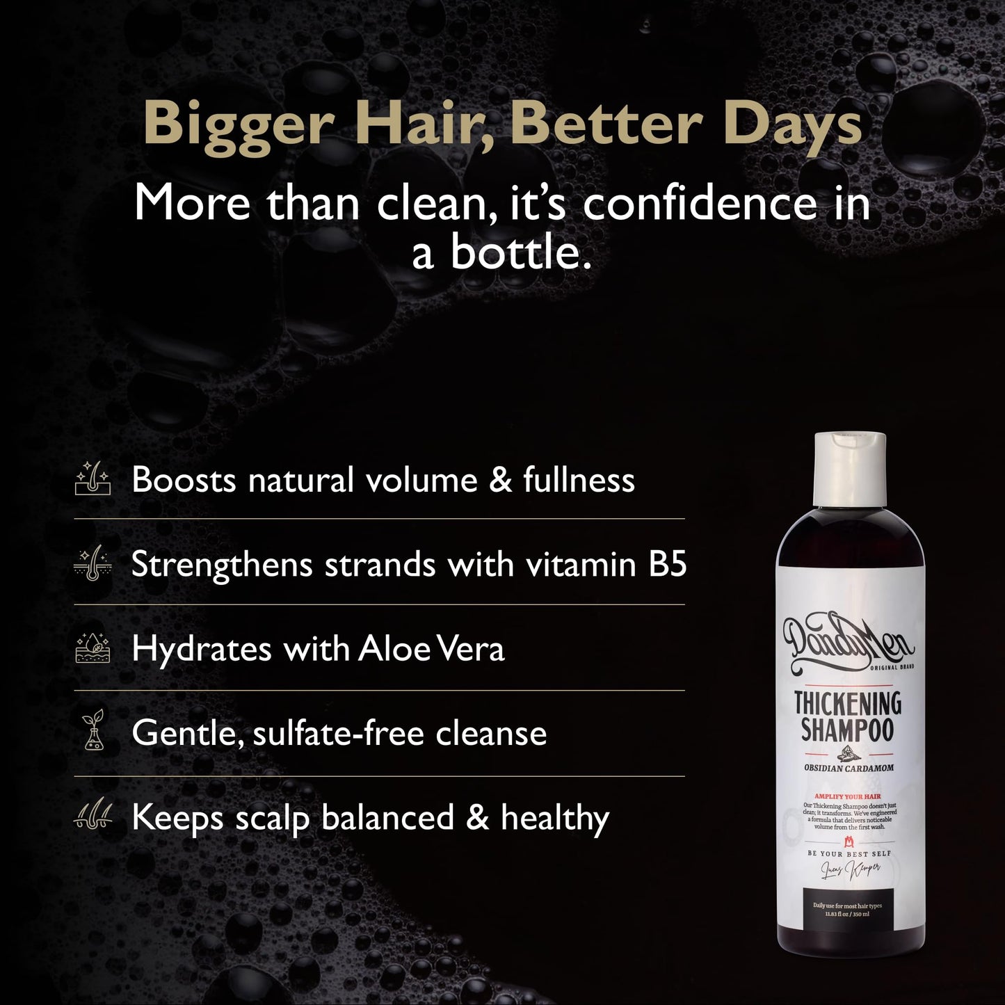 DandyMen Thickening Shampoo for Men – Volumizing & Strengthening Hair Wash with Aloe Vera – Scalp Care for Thinning Hair – Obsidian Cardamom, 11.83 oz