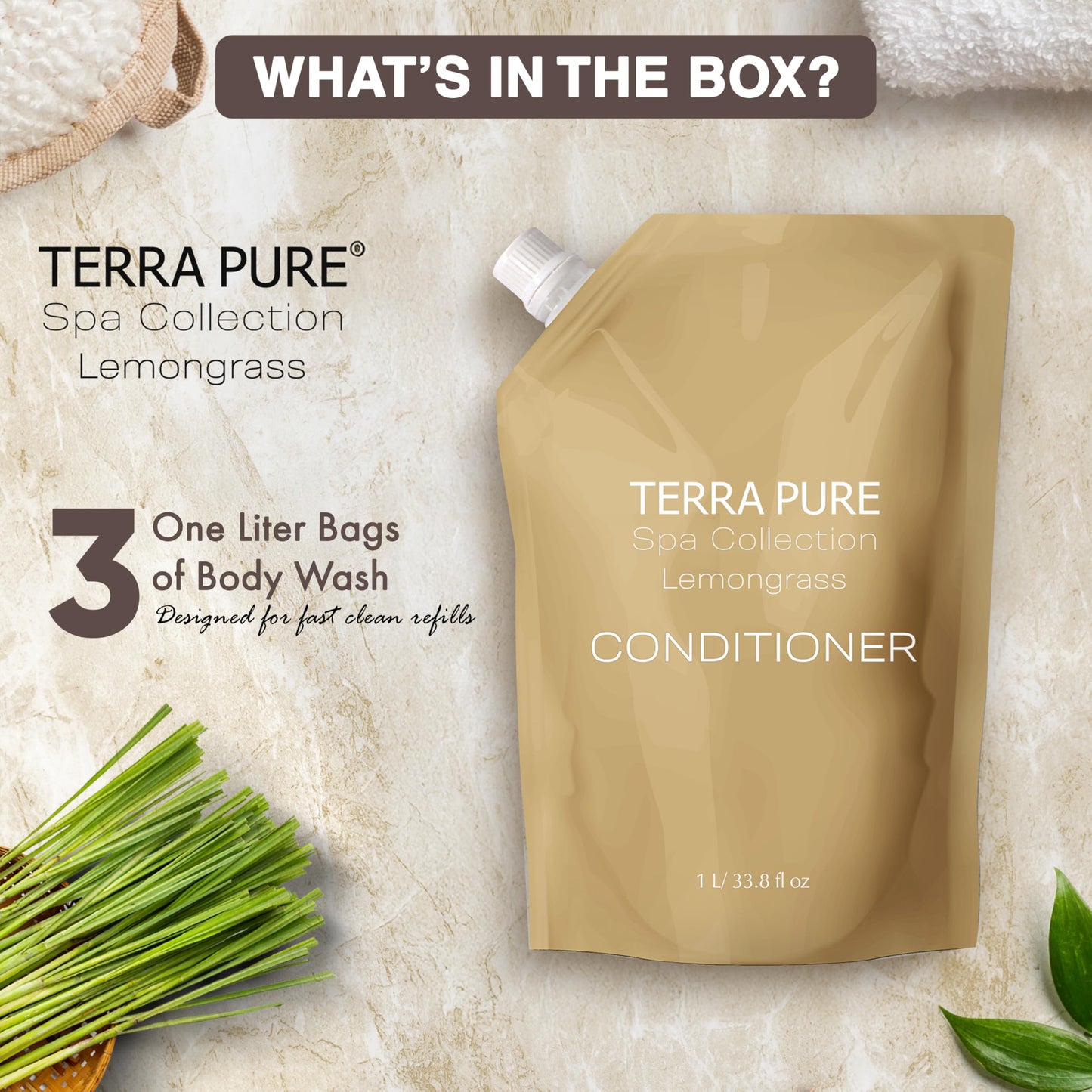 Terra Pure Spa Collection 1 Liter Conditioner Refill Bag For Soap Dispensers | Bulk Toiletries for Vacation Rentals, and Home Bathroom Showers | Green Tea Lemongrass | Set of 12