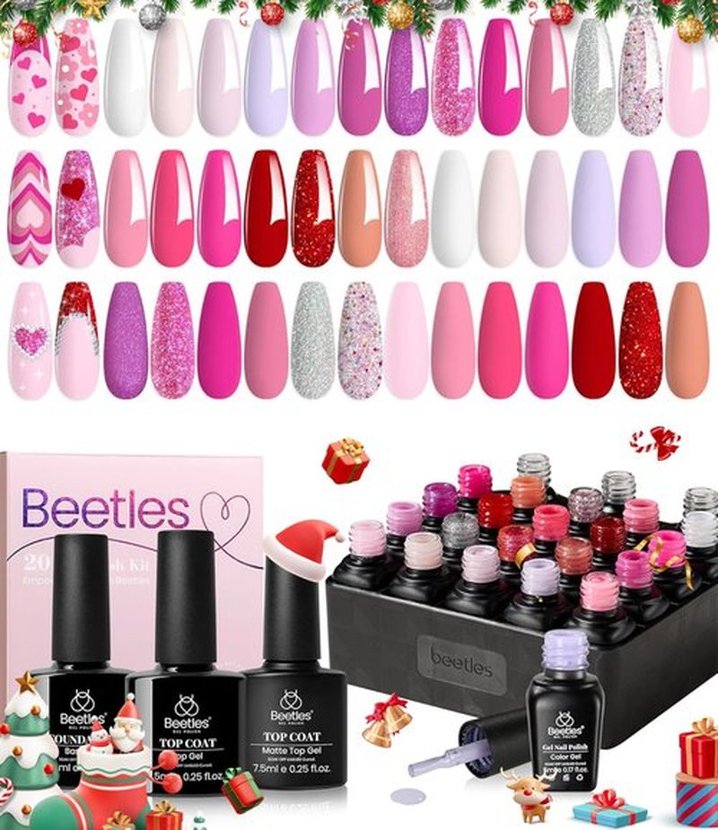 beetles Pink Gel Polish Set 20 Colors Hot Pink Alluring Sweetie Collection Nude Purple Glitter Red Uv Gel Manicure Kit with Base Glossy and Matte Top Coat Gifts for Mom