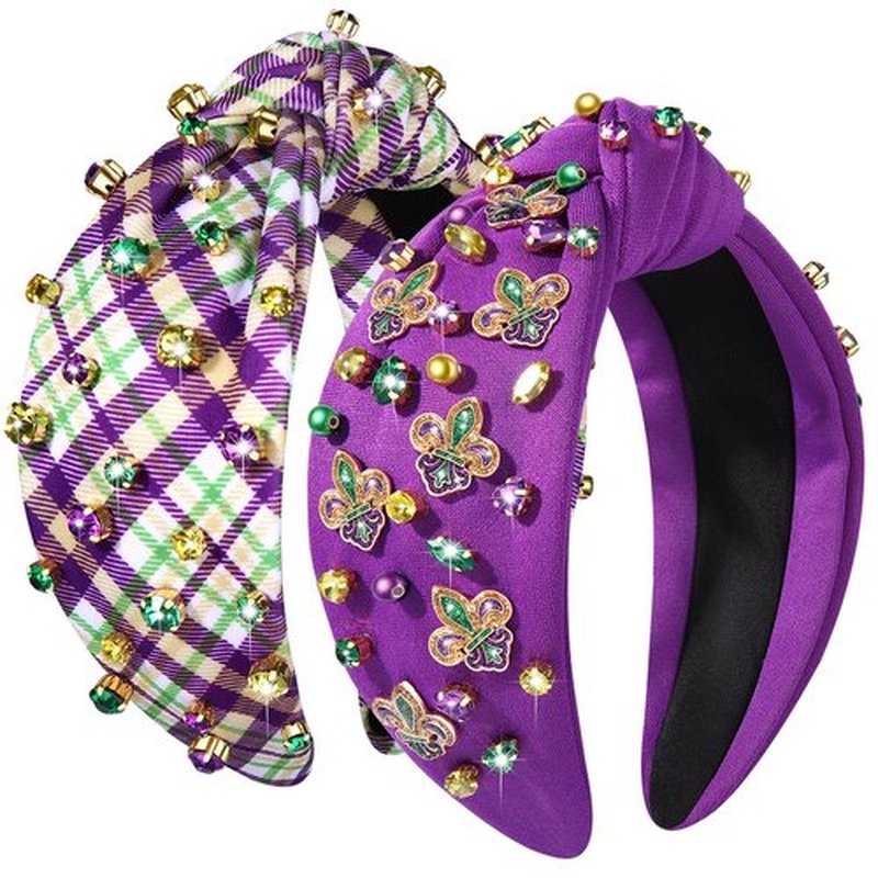 CEALXHENY 2PCS Mardi Gras Headband for Women Fleur De Lis Mask Headband Purple Jeweled Rhinestone Pearl Top Knot Headband Carnival Mardi Gras Accessories Outfits Parade Party Favors Gifts