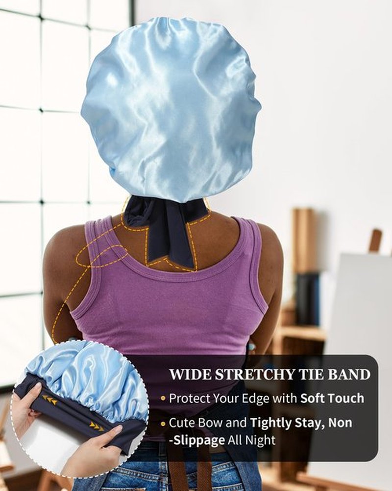 Satin Bonnet for Women Silk Bonnets for Sleeping Curly Hair Bonnet with Elastic Tie Band Reversible Double Layer Sleep Cap Hair Wrap (Navy Blue+Light Blue)