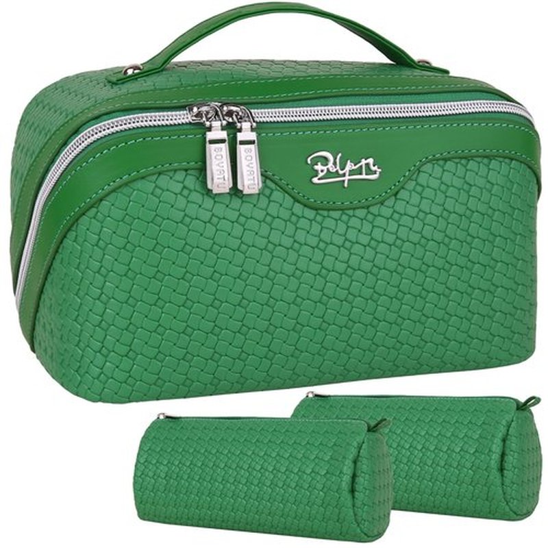 Travel Makeup Bags Cosmetic Organizer Bag: Large Capacity Make up Bag Set of 3 - Vegan Leather Woven Toiletry Bag for Women - Portable Makeup Organizer with Compartments & Handle & Divider Green