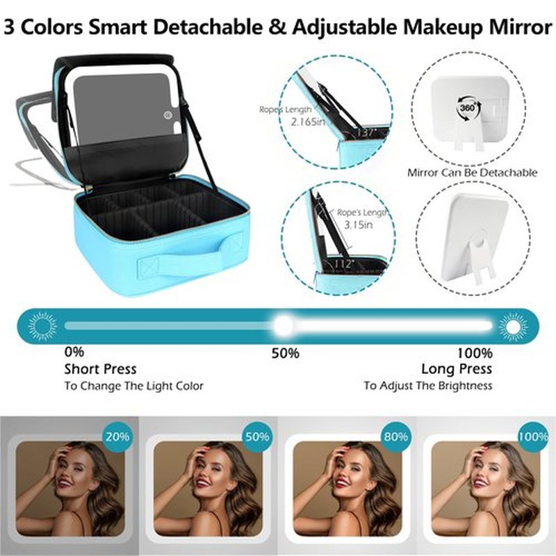 MOMIRA Travel Makeup Bag Cosmetic Bag with Lighted Mirror, Adjustable Brightness in 3 Color Scenarios, Waterproof, 10x Magnifying Mirror, Rotatable Independent Light Mirror- Diamond Blue(Solid)