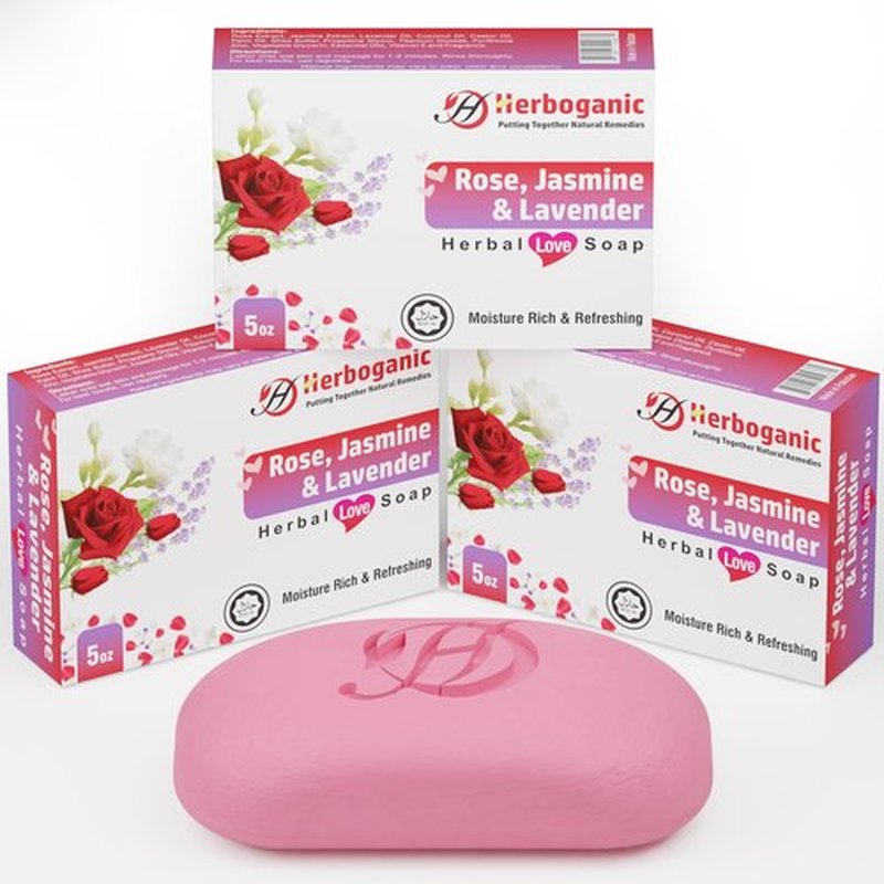 HERBOGANIC Rose Jasmine and Lavender Herbal Soap | Pack of 3 of 5oz soap Bar | Natural Bar Soap for Face and Body | Hydrating and Nourishing | Suitable for Men and Women
