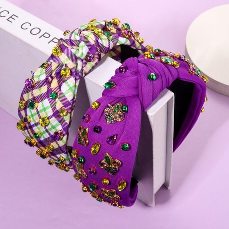 CEALXHENY 2PCS Mardi Gras Headband for Women Fleur De Lis Mask Headband Purple Jeweled Rhinestone Pearl Top Knot Headband Carnival Mardi Gras Accessories Outfits Parade Party Favors Gifts
