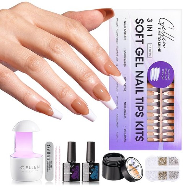 Gellen French Tips 3 in 1 Soft Gel Nail Tips Kit - Soft Gel Nail Tips with Tip Base Coat Top Coat, 240pcs Brown Medium Coffin Nails Fake Nail with Solid UV Nail Glue Nail Extension Kit for Gift