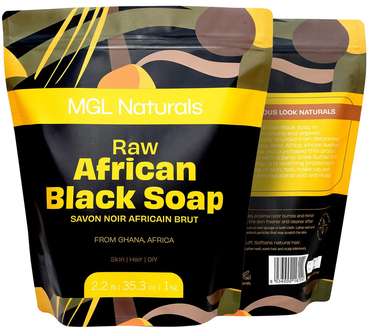 MGL Naturals Raw African Black Soap 2.2 lb from Ghana, Africa | Vegan & Organic | Face and body deep cleanse wash. (2.2 lb | 1 kg | 36 oz)