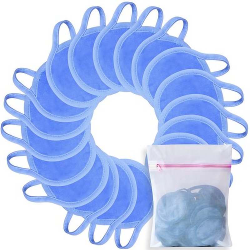 Nugilla Makeup Remover Pads, 18 Packs Microfiber Face Cloth with a Washable Laundry Bag, Reusable Rounds Towels for Face Cleaning, Soft Facial Rounds Wipes Eyes/Lips Clean for Women Gifts, Blue