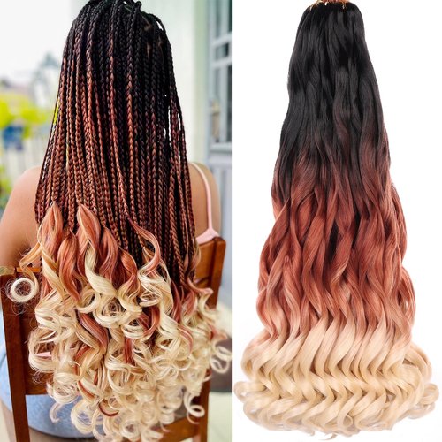 COOKOO 22 Inch Pre-stretched French Curly Braiding Hair 9 Packs Loose Wavy Bouncy French Curl Braiding Hair Extensions 75g/Pack Ombre Synthetic Crochet Hair Extensions C15#