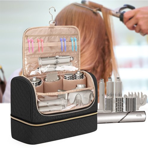 Yarwo Large Airwrap Storage Bag Compatible for Shark FlexStyle Styling (HD 430/440), Double Layers Travel Case Box for Shark Flexstyle/Dyson Airwrap and Hair Styler Attachments, Black (Bag Only)