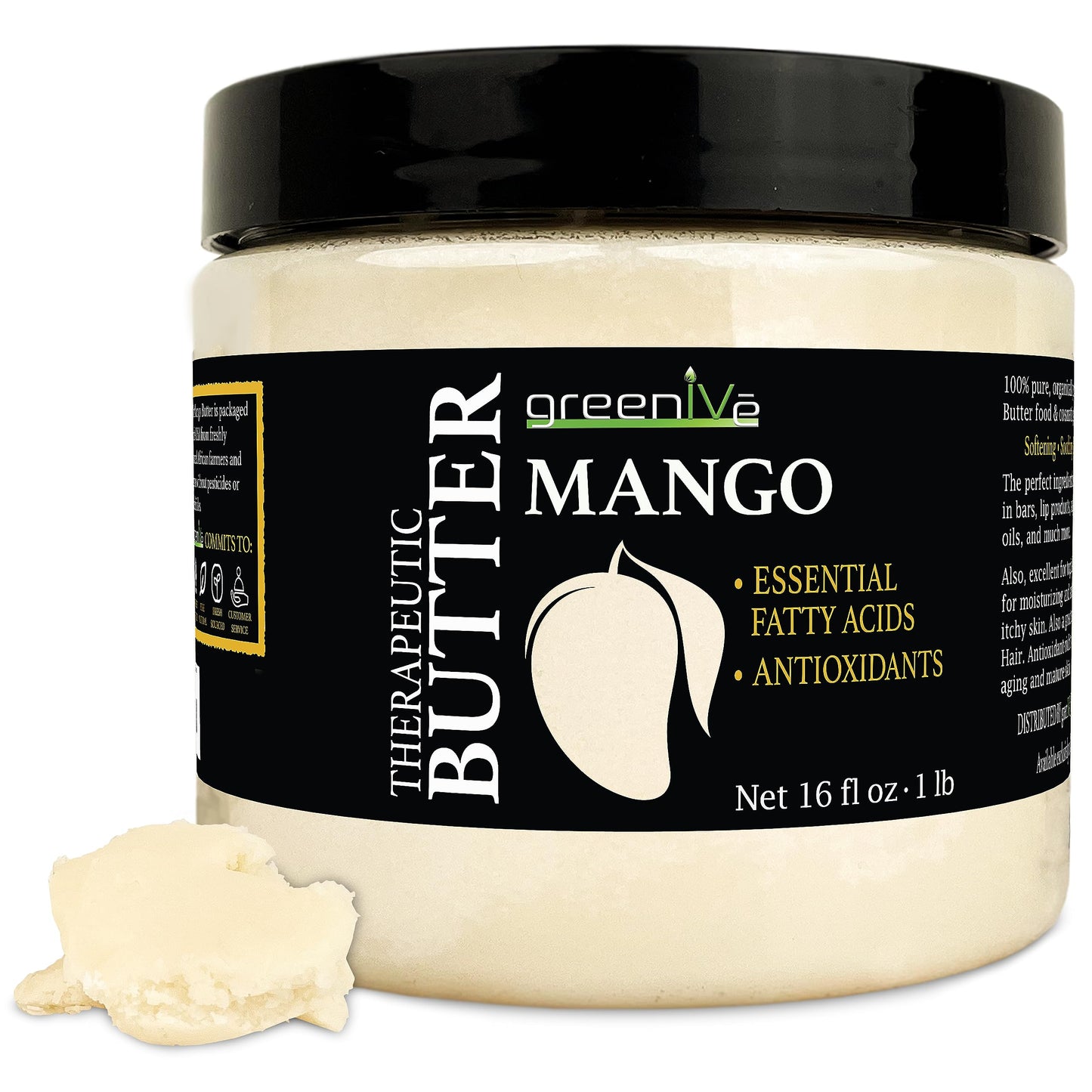 GreenIVe Deodorized Mango Butter 100% Pure Raw Unrefined Natural Creamy Skin Hair Moisturizer Hydrating Body Butter Lotion Lip Balm Soap Making DIY Cosmetics Whipped Creams Food Grade 16oz