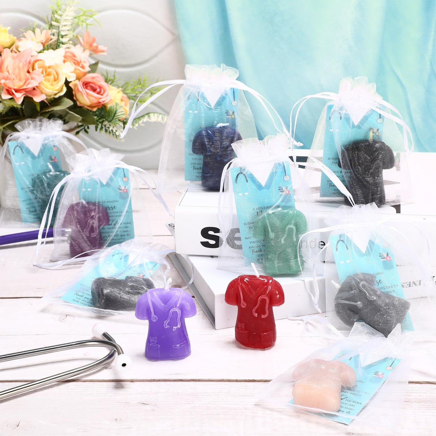 Baquler 30 Set 50 pcs CNA Week Gifts Bulk Doctor Coat Shaped Nurse Candle Appreciation Cards with Organza Bag for CNA Doctor Women Men Nursing Day Thank You Gift Nurse Graduation